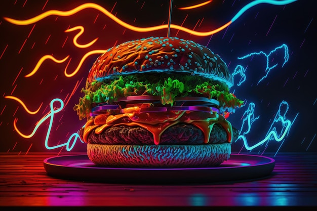 A burger with a neon sign that says'burger'on it