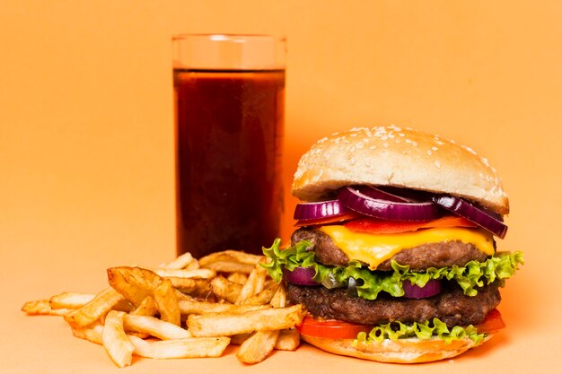 Burger with soda and french fries
