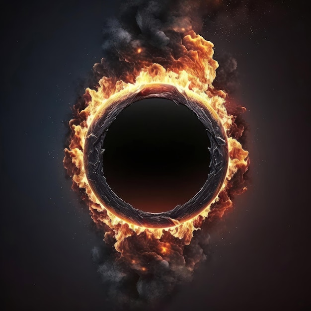 Free photo burning black circle surrounded by fire on dark background
