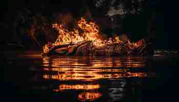 Free photo burning bonfire reflects beauty in nature tranquility generated by ai