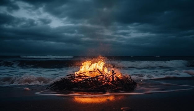 Foto gratuita bruciare il falò sulla spiaggia sabbiosa al tramonto generato dall'intelligenza artificiale