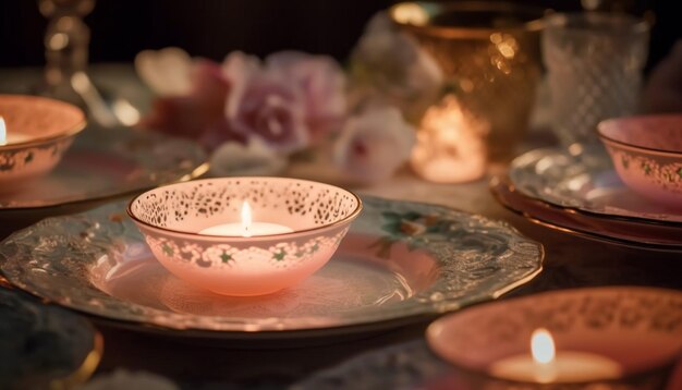 Burning candle illuminates Hindu altar during ceremony generated by AI