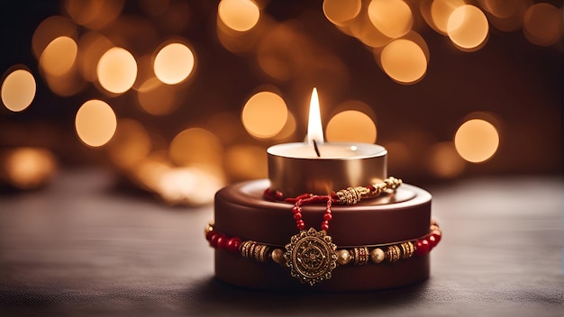 Foto gratuita candela accesa con perline rosse su sfondo bokeh