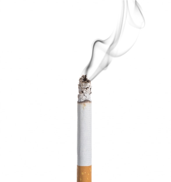 Burning cigarette on white background