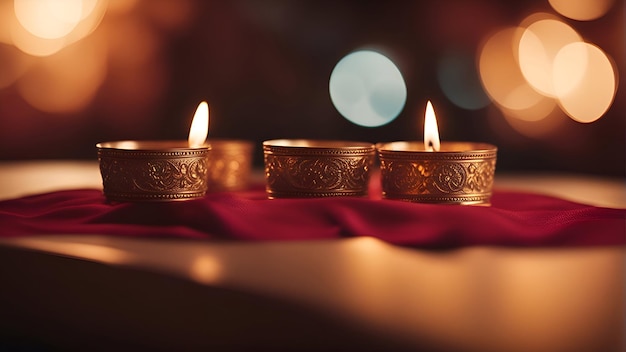 Burning diya lamps on table in front of defocused lights