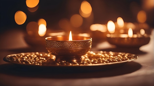 Burning diya lamps on wooden table with bokeh background