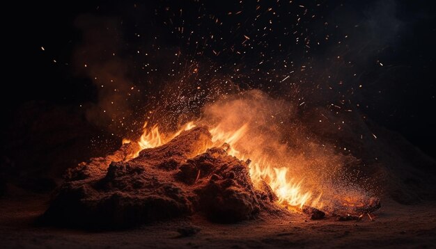 Burning firewood creates a glowing campfire close up generated by AI