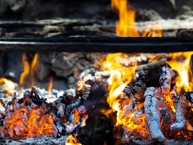 Burning firewood with bright flame and flickering coals 