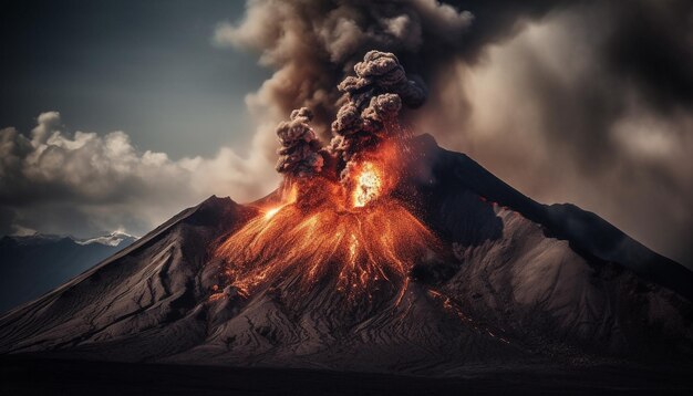 Burning mountain erupts destroying environment with smoke and ash pollution generated by AI