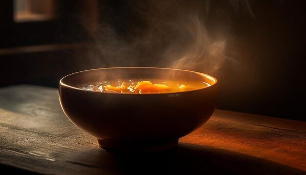 Burning wood heats bowl for healthy meal generated by AI