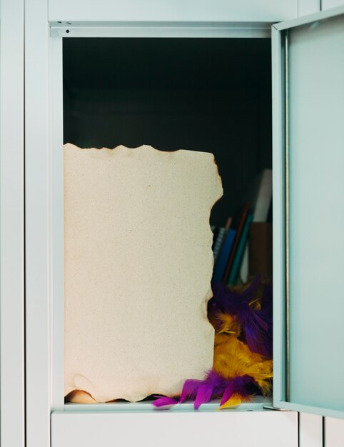 Burnt paper and feather boa in open locker