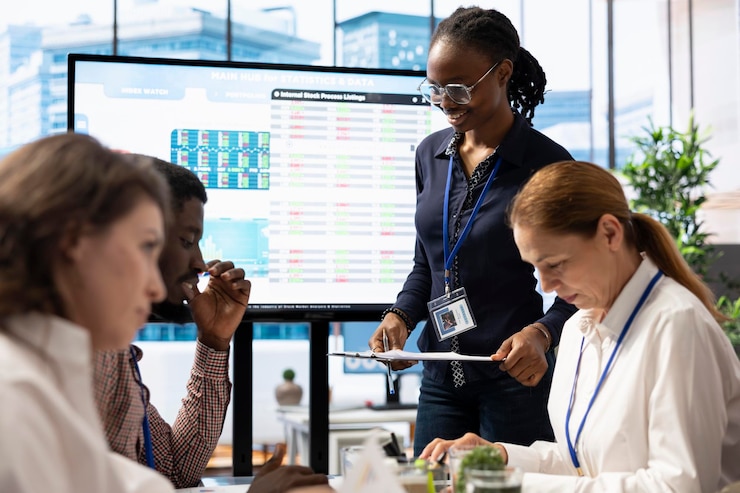 Free Photo business analyst creating an interactive board presentation with project updates