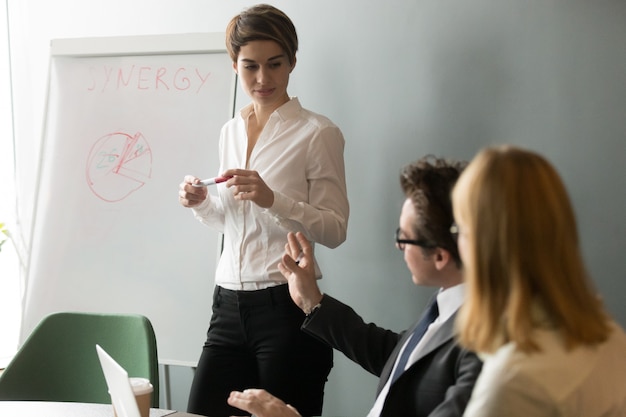 Business colleagues discussing project during presentation in boardroom