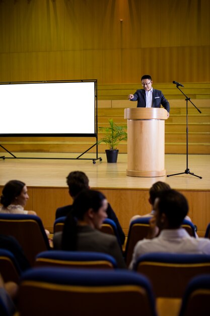 Business executive giving a speech