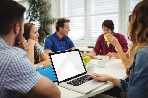 Business executives using laptop