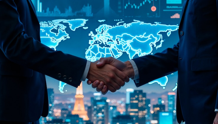 मुफ़्त फोटो business handshake with world map background