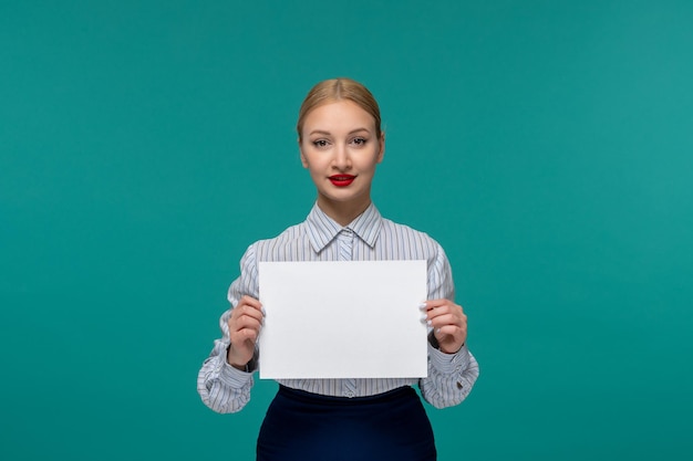 Business lady adorable pretty young girl in office outfit holding a paper sheet