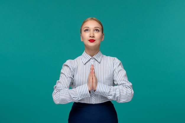 Business lady confident cute girl in office outfit praying