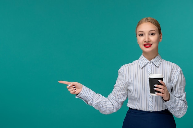 Business lady cute young blonde woman in office outfit and glasses smiling with paper cup