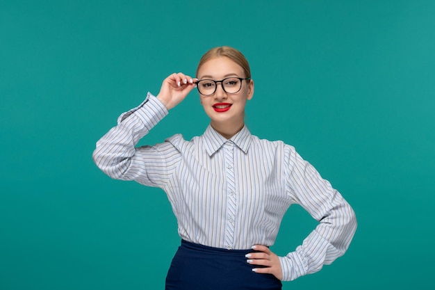 Business lady cute young blonde woman in office outfit and glasses