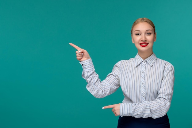 Business lady pretty young girl in office outfit happy pointing to left