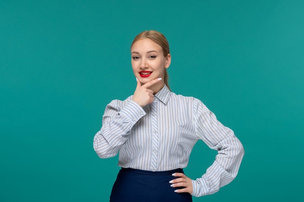 Business lady smiling cute girl in office outfit touching chin