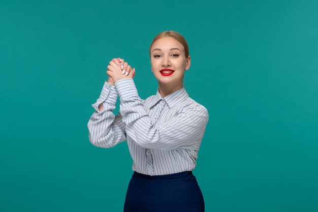 Business lady young cute girl in office outfit holding hands and smiling