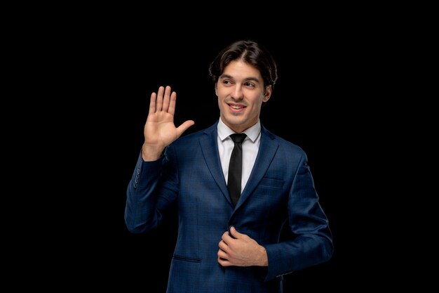 Business man cute handsome man in dark blue outfit showing hello sign