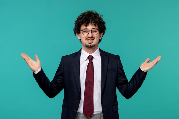 Business man cute pretty guy in black office outfit waving happily hands