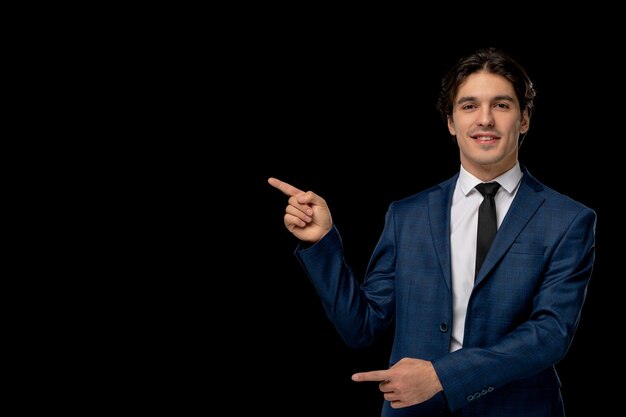 Business man smiling young handsome man in dark blue suit with the tie