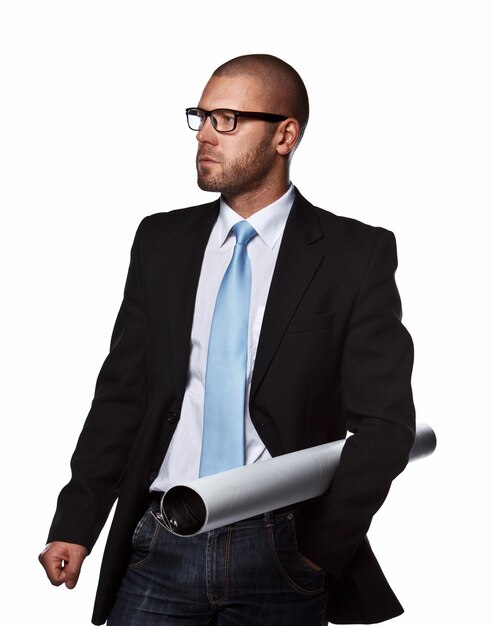 Business man in a suit isolated on white.