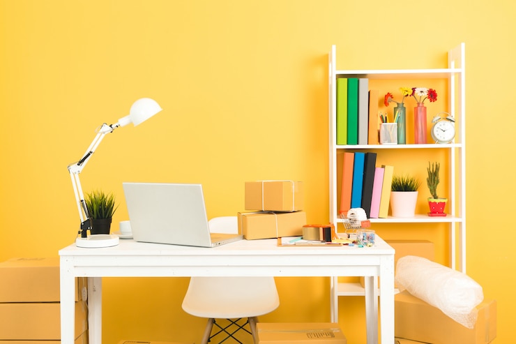 Free Photo business owner working at home office packaging .
