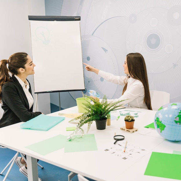 Free photo business partner looking at her manager pointing towards light bulb on flipchart