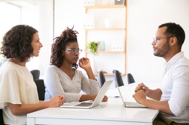 Business partners discussing software product