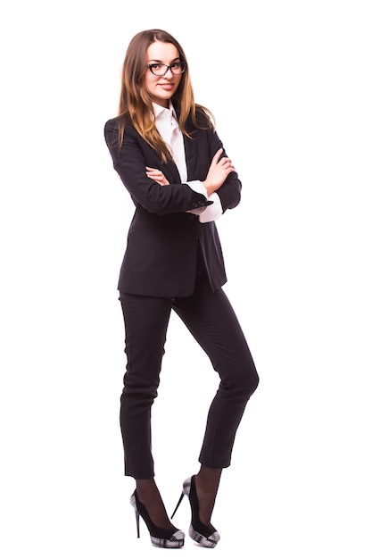 Business people - business woman standing in full body smiling happy isolated on white wall