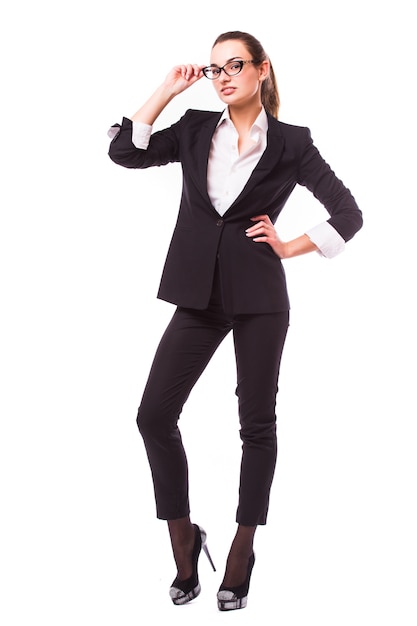 Business people - business woman standing in full body smiling happy isolated on white wall