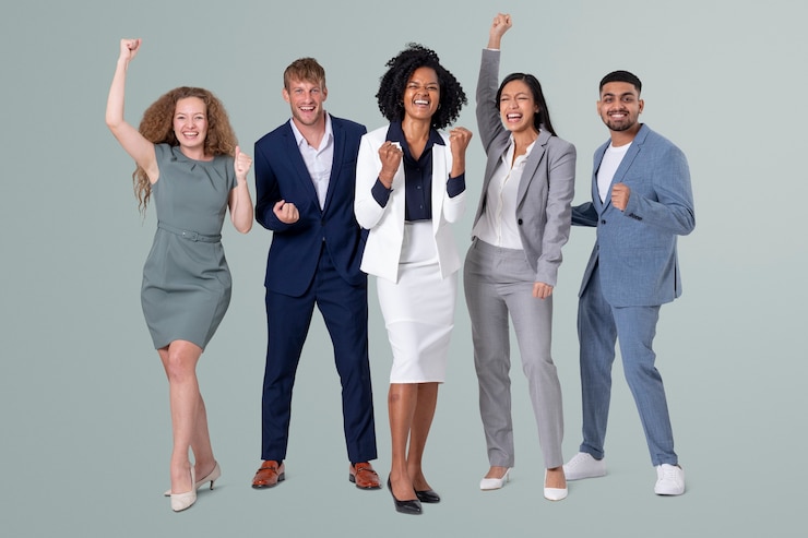 Free Photo business people cheering for teamwork and success campaign