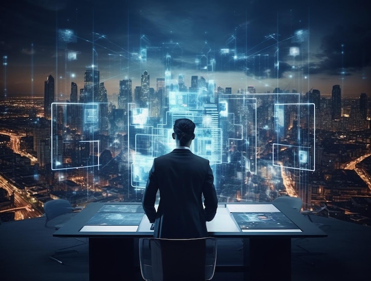 Free Photo business person in futuristic business environment
