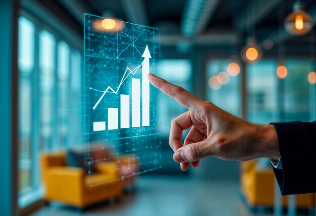 business person pointing at a growing financial chart