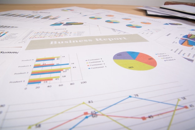 사업 보고서. 그래프와 차트. 사업 보고서 및 문서 더미. 사업 개념.