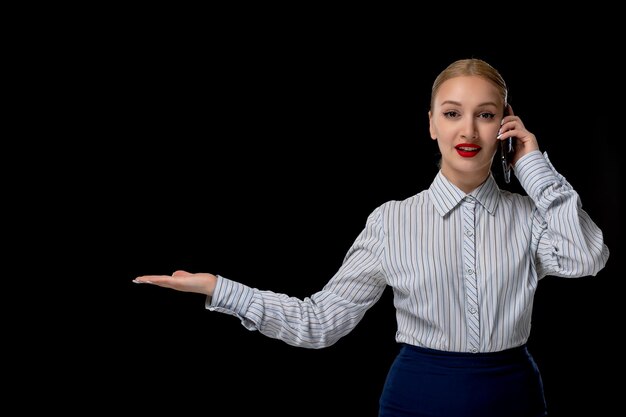 Business woman blonde excited girl talking on the phone with red lipstick in office costume