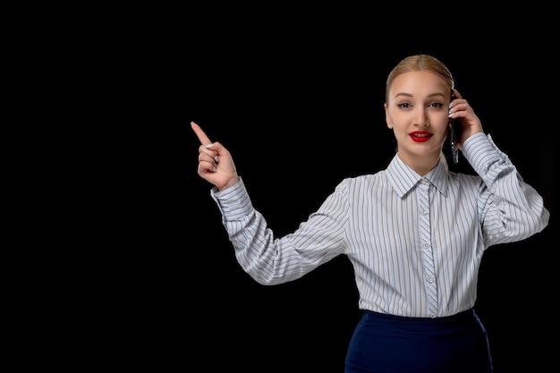 Business woman blonde young girl on the phone call with red lipstick in office costume