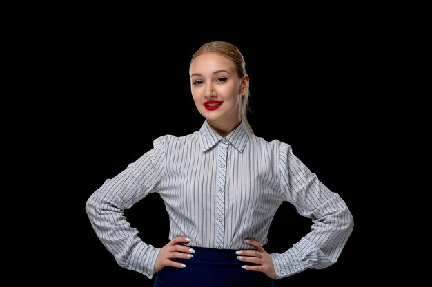 Business woman cute blonde girl holding standing confidently with red lipstick in office outfit