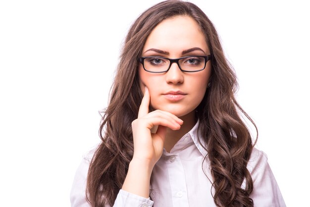 Business woman in glasses isolated on white wall