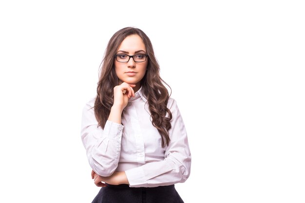 Business woman in glasses isolated on white wall