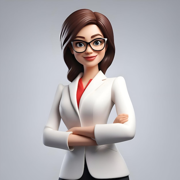 Business woman in glasses with crossed arms over gray background 3d rendering