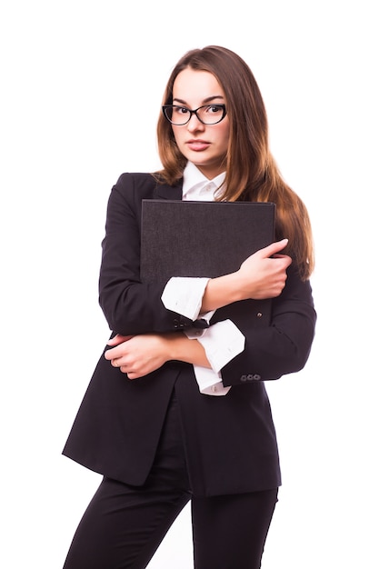 Business woman holding folder, isolated on white wall