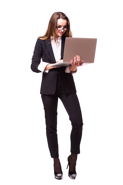 Business woman holding laptop. Isolated portrait 