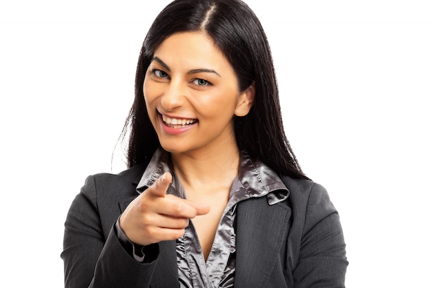 ビジネス​の​女性​は​カメラ​目線​で​指​を​指します​。​採用​コンセプト