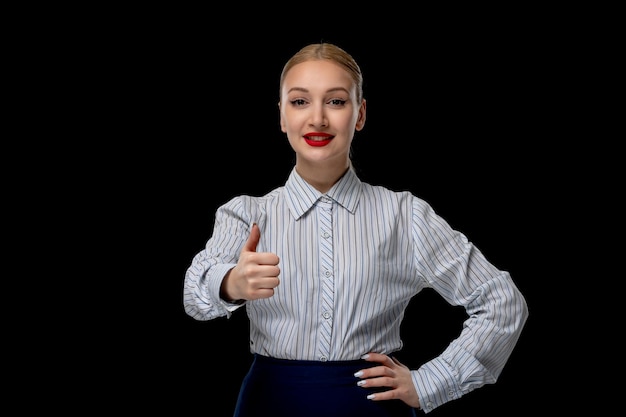 Business woman smiling blonde girl showing good sign with red lipstick in office outfit